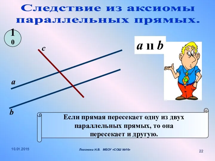 Следствие из аксиомы параллельных прямых. Если прямая пересекает одну из двух