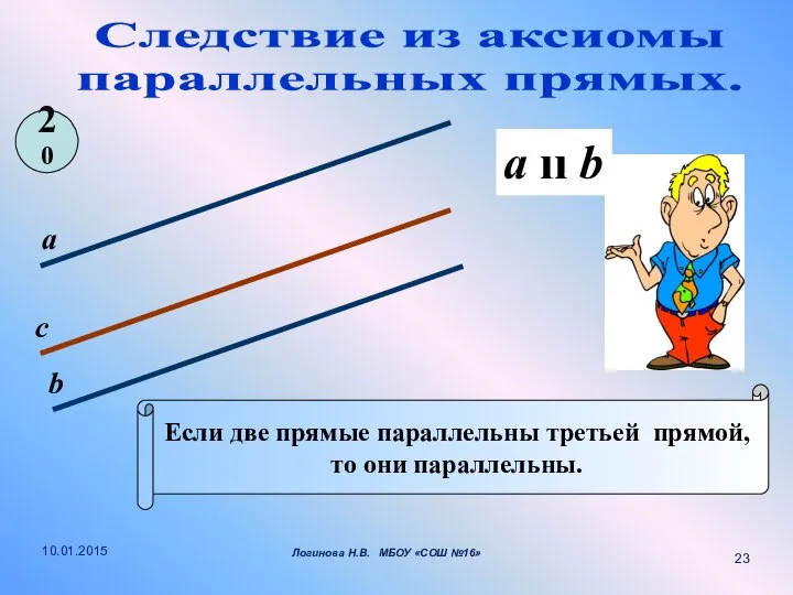 Следствие из аксиомы параллельных прямых. Если две прямые параллельны третьей прямой,