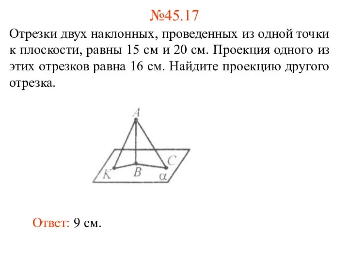 Отрезки двух наклонных, проведенных из одной точки к плоскости, равны 15