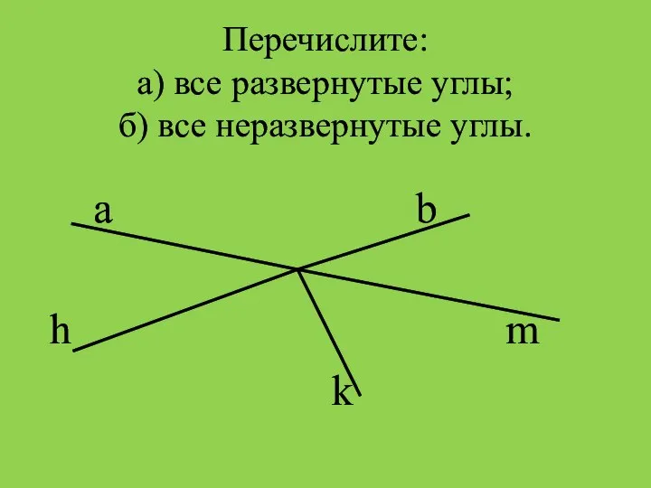 Перечислите: а) все развернутые углы; б) все неразвернутые углы. a b h m k