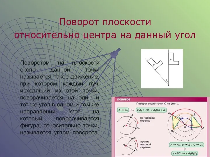 Поворотом на плоскости около данной точки называется такое движение, при котором