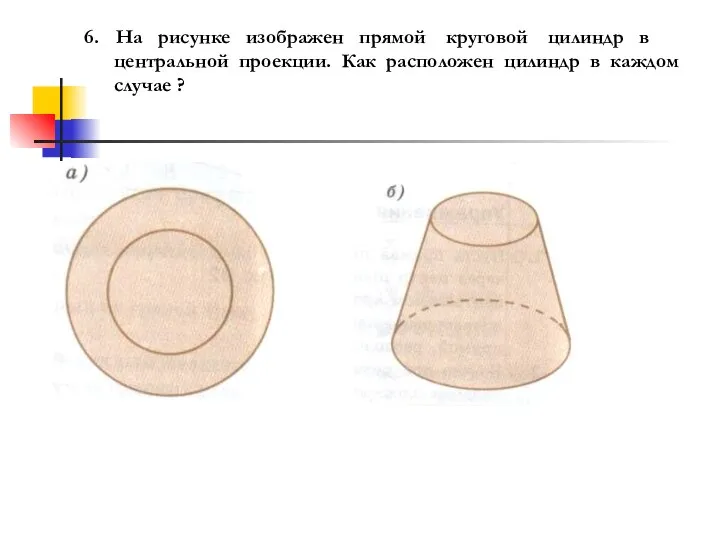 На рисунке изображен прямой круговой цилиндр в центральной проекции. Как расположен цилиндр в каждом случае ?