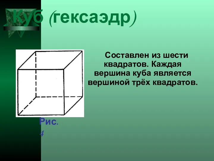 Составлен из шести квадратов. Каждая вершина куба является вершиной трёх квадратов. Куб (гексаэдр) Рис. 4