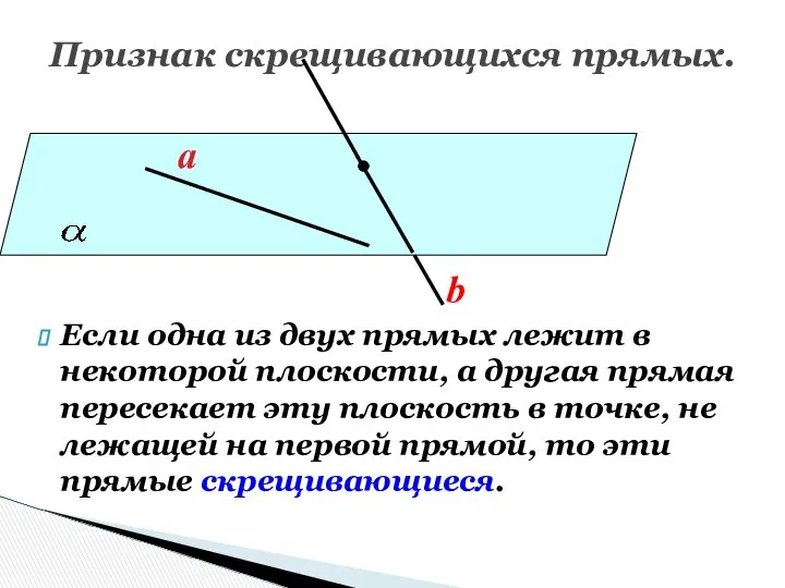 Признак скрещивающихся прямых. Если одна из двух прямых лежит в некоторой