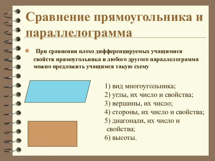 При сравнении плохо дифференцируемых учащимися свойств прямоугольника и любого другого параллелограмма