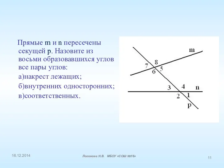 Прямые m и n пересечены секущей р. Назовите из восьми образовавшихся