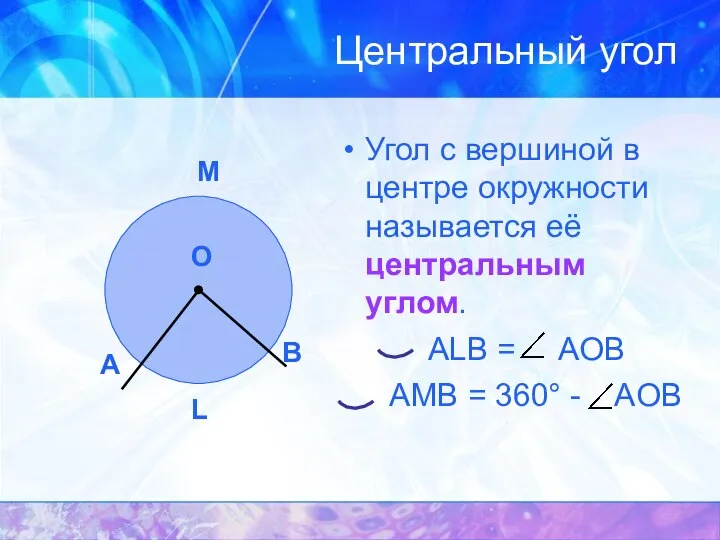 Центральный угол Угол с вершиной в центре окружности называется её центральным