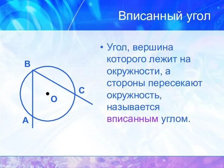 Вписанный угол Угол, вершина которого лежит на окружности, а стороны пересекают