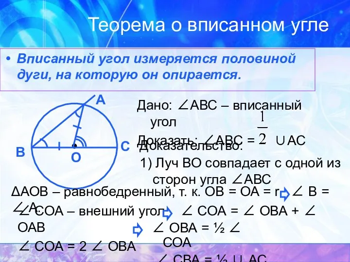 Теорема о вписанном угле Вписанный угол измеряется половиной дуги, на которую