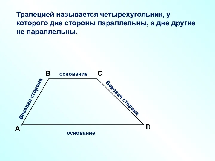 A В С D Боковая сторона Боковая сторона Трапецией называется четырехугольник,