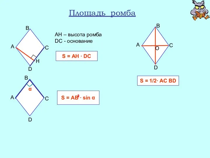 Площадь ромба АН – высота ромба DС - основание S =