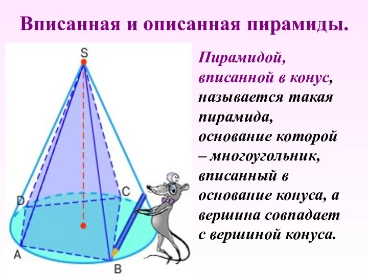 Вписанная и описанная пирамиды. Пирамидой, вписанной в конус, называется такая пирамида,