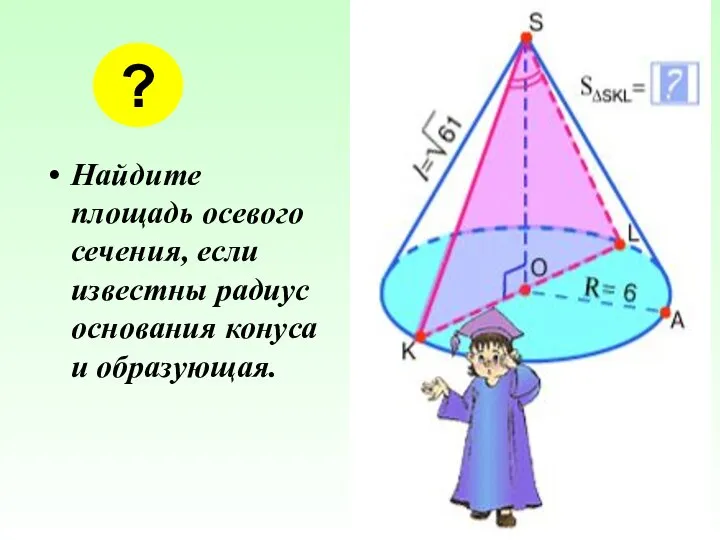 Найдите площадь осевого сечения, если известны радиус основания конуса и образующая. ?