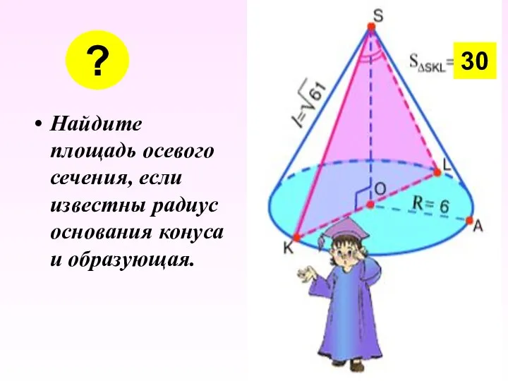 Найдите площадь осевого сечения, если известны радиус основания конуса и образующая. ? 30