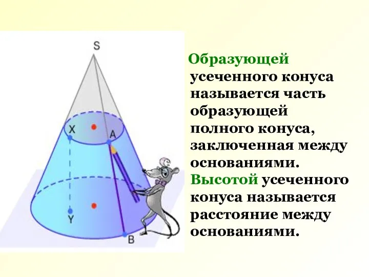 Образующей усеченного конуса называется часть образующей полного конуса, заключенная между основаниями.