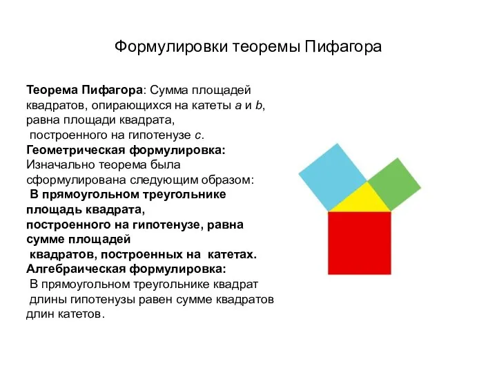 Формулировки теоремы Пифагора Теорема Пифагора: Сумма площадей квадратов, опирающихся на катеты