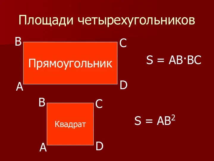 Площади четырехугольников S = AB·BC Квадрат D C B А S = AB2