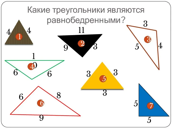 Какие треугольники являются равнобедренными? 1 2 3 4 5 6 7