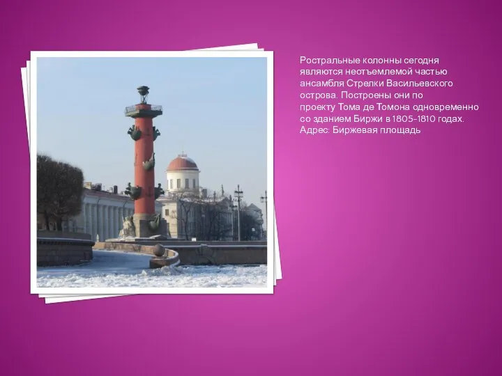 Ростральные колонны сегодня являются неотъемлемой частью ансамбля Стрелки Васильевского острова. Построены