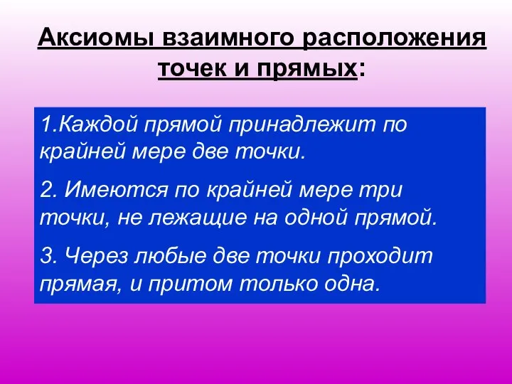 Аксиомы взаимного расположения точек и прямых: 1.Каждой прямой принадлежит по крайней