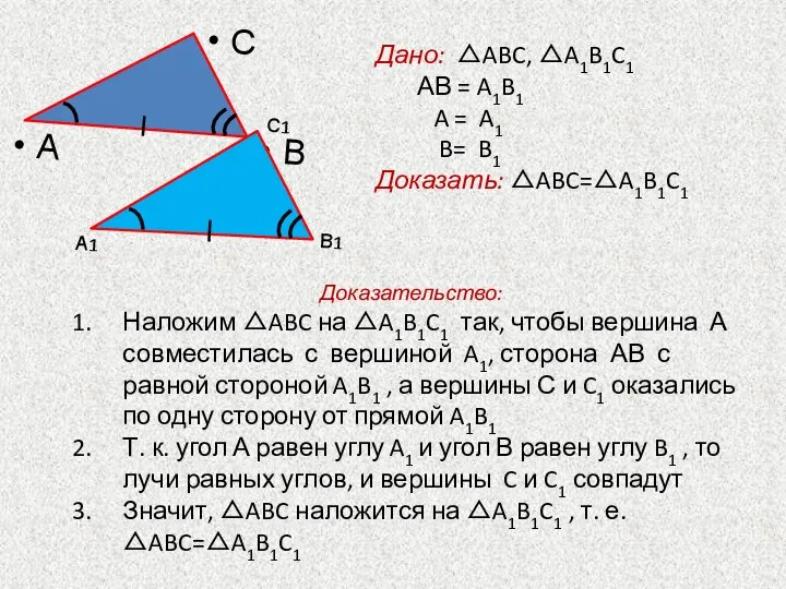 Дано: △ABC, △A1B1C1 АВ = A1B1 A = A1 B= B1