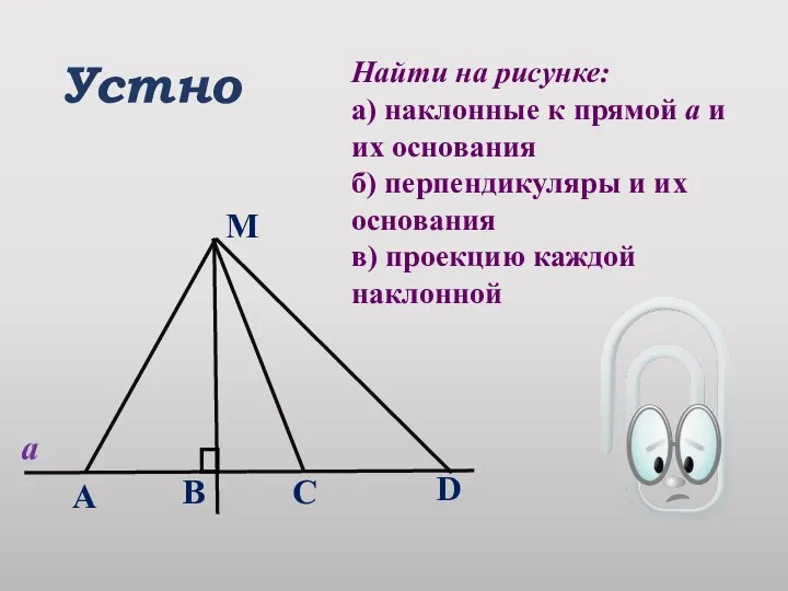 Устно Найти на рисунке: а) наклонные к прямой а и их