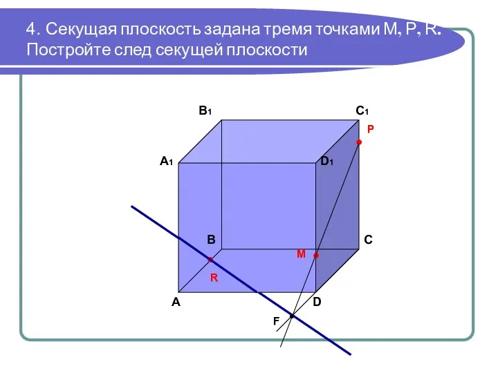 4. Секущая плоскость задана тремя точками М, Р, R. Постройте след