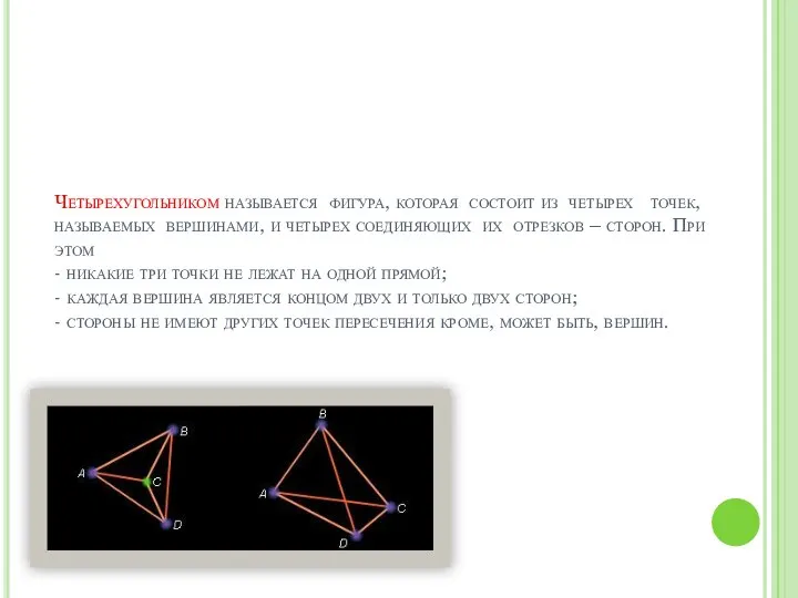 Четырехугольником называется фигура, которая состоит из четырех точек, называемых вершинами, и