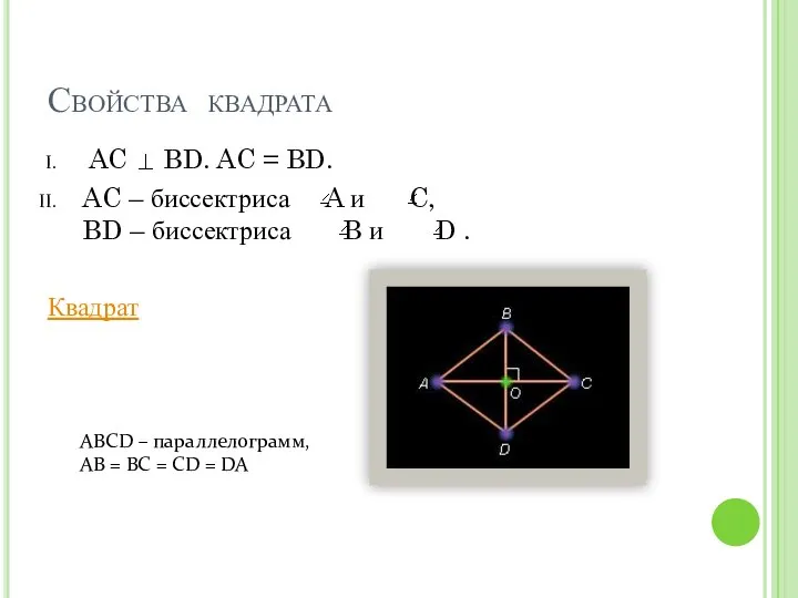 Свойства квадрата AC BD. AC = BD. AC – биссектриса A