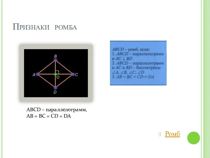 Признаки ромба Ромб ABCD – параллелограмм, AB = BC = CD = DA