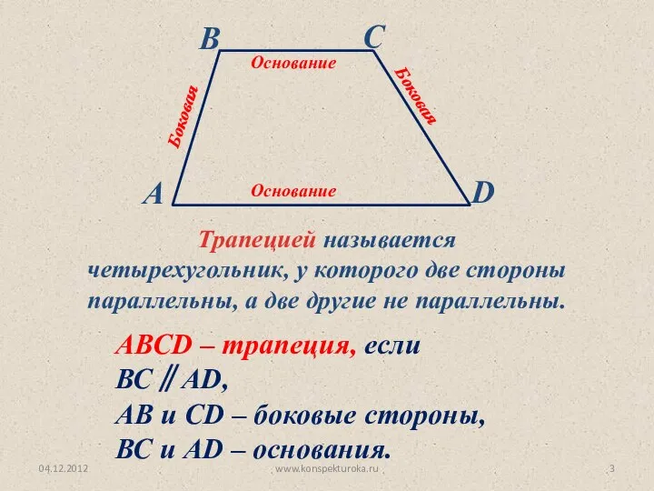 04.12.2012 www.konspekturoka.ru Трапецией называется четырехугольник, у которого две стороны параллельны, а