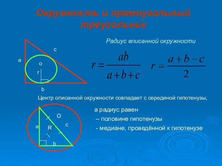 Окружность и прямоугольный треугольник Радиус вписанной окружности а с b o