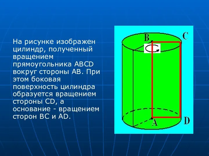 На рисунке изображен цилиндр, полученный вращением прямоугольника ABCD вокруг стороны AB.