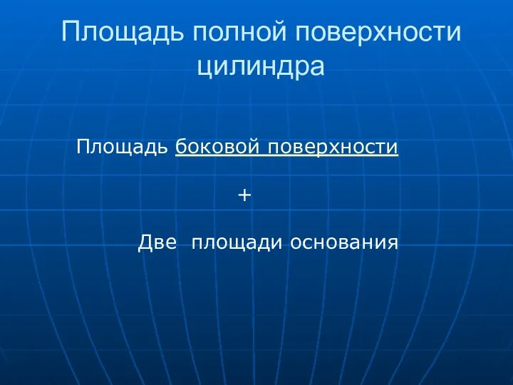 Площадь полной поверхности цилиндра Площадь боковой поверхности + Две площади основания