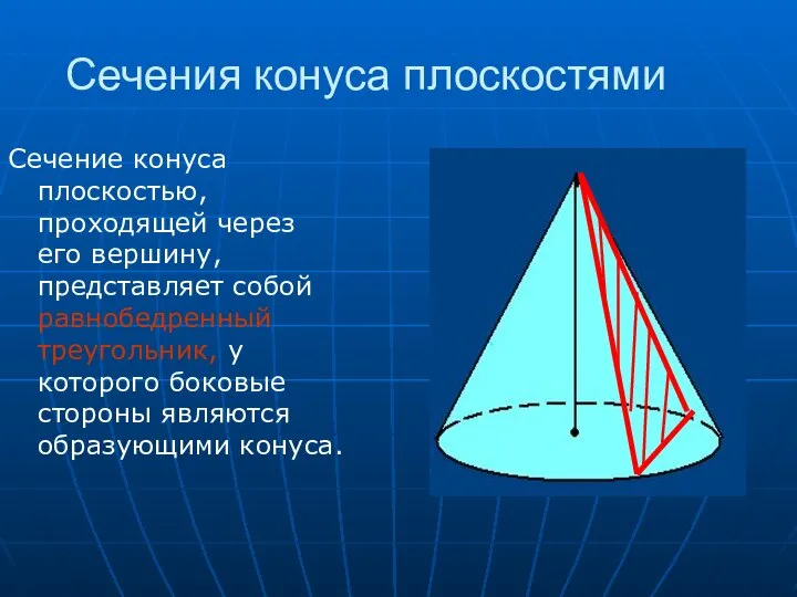 Сечения конуса плоскостями Сечение конуса плоскостью, проходящей через его вершину, представляет