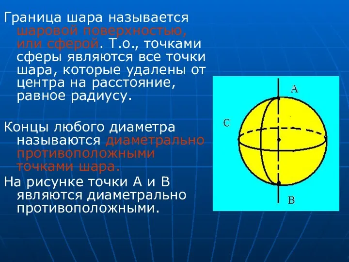 Граница шара называется шаровой поверхностью, или сферой. Т.о., точками сферы являются