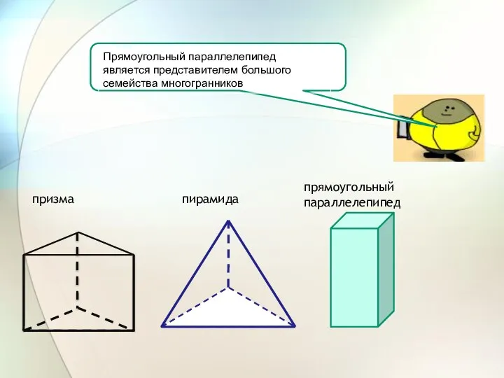 Прямоугольный параллелепипед является представителем большого семейства многогранников призма пирамида прямоугольный параллелепипед