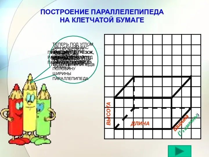 ПОСТРОЕНИЕ ПАРАЛЛЕЛЕПИПЕДА НА КЛЕТЧАТОЙ БУМАГЕ МЫ НАУЧИМ ВАС РИСОВАТЬ ПАРАЛЛЕЛЕПИПЕД НА