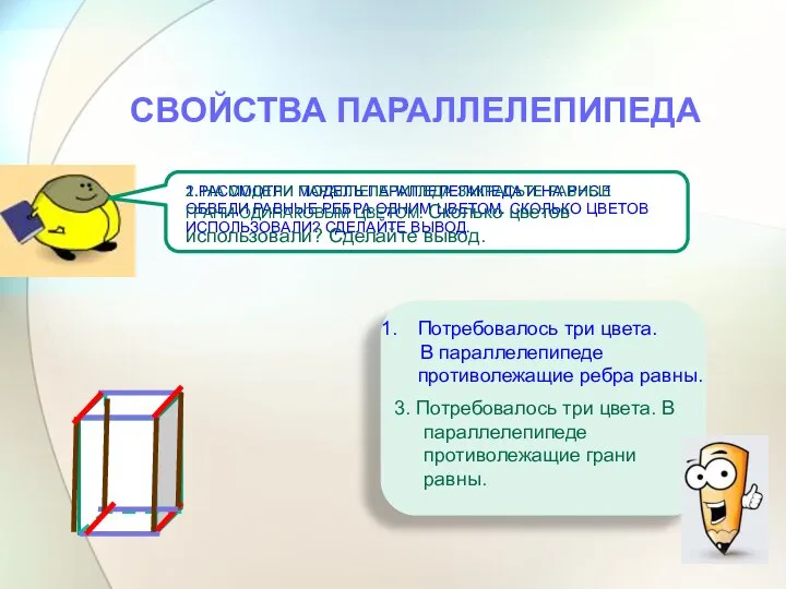 СВОЙСТВА ПАРАЛЛЕЛЕПИПЕДА 1.РАССМОТРИ МОДЕЛЬ ПАРАЛЛЕЛЕПИПЕДА И НА РИС.1 ОБВЕДИ РАВНЫЕ РЕБРА