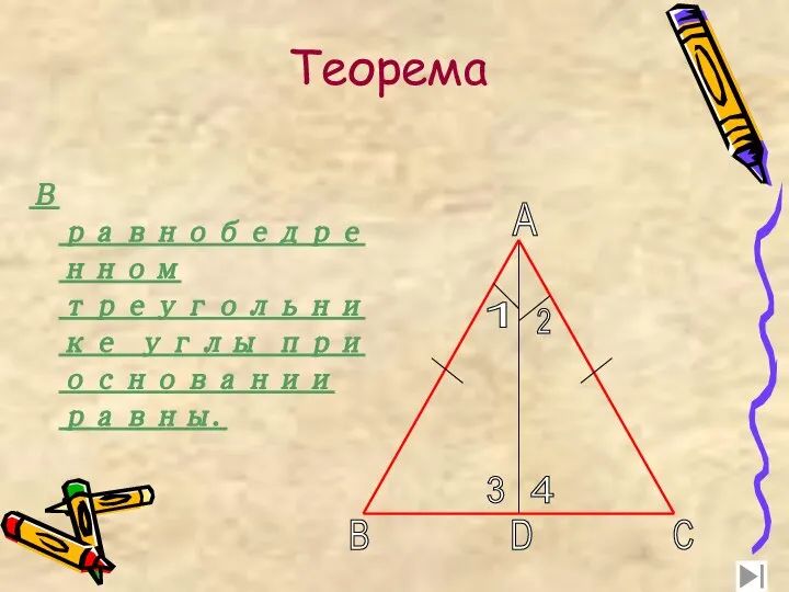 Теорема В равнобедренном треугольнике углы при основании равны. 1 2 3 4 A C D B