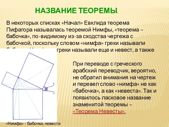 В некоторых списках «Начал» Евклида теорема Пифагора называлась теоремой Нимфы, «теорема