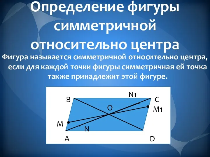 Определение фигуры симметричной относительно центра Фигура называется симметричной относительно центра, если