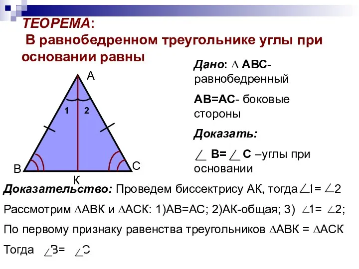 ТЕОРЕМА: В равнобедренном треугольнике углы при основании равны В А С