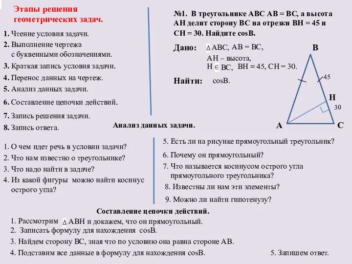 Этапы решения геометрических задач. 1. Чтение условия задачи. 2. Выполнение чертежа