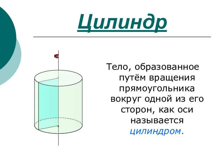 Тело, образованное путём вращения прямоугольника вокруг одной из его сторон, как оси называется цилиндром. Цилиндр