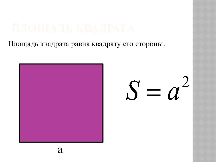 ПЛОЩАДЬ КВАДРАТА Площадь квадрата равна квадрату его стороны. a