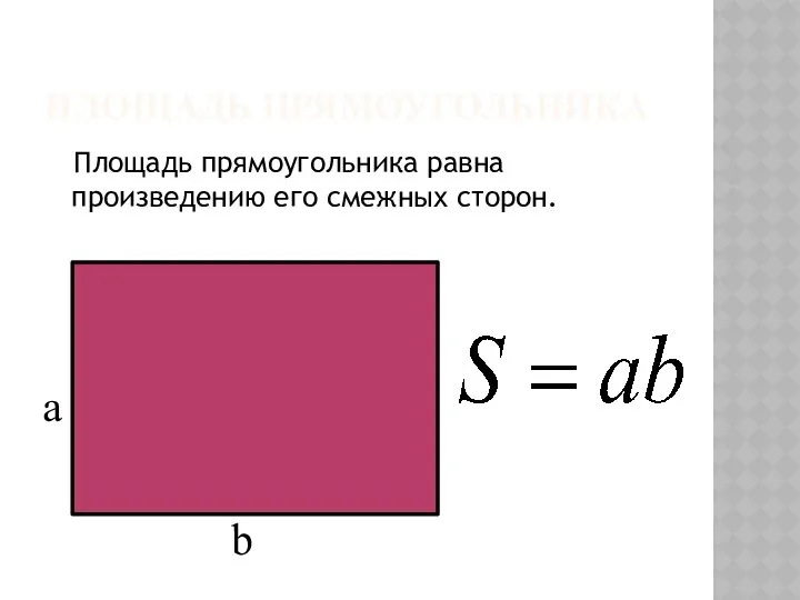 ПЛОЩАДЬ ПРЯМОУГОЛЬНИКА Площадь прямоугольника равна произведению его смежных сторон. a b