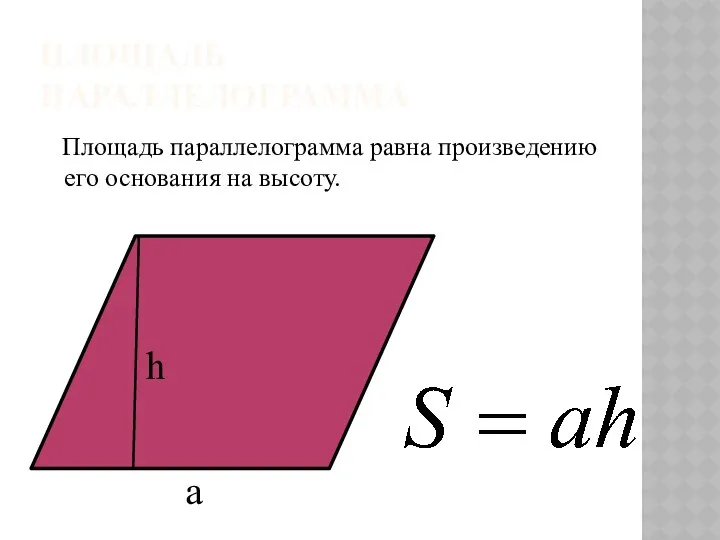 ПЛОЩАДЬ ПАРАЛЛЕЛОГРАММА Площадь параллелограмма равна произведению его основания на высоту. a h