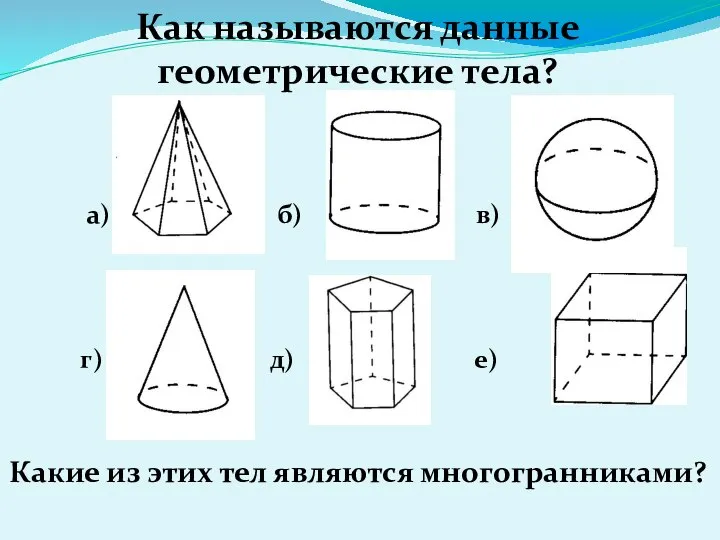 Как называются данные геометрические тела? а) б) в) г) д) е)