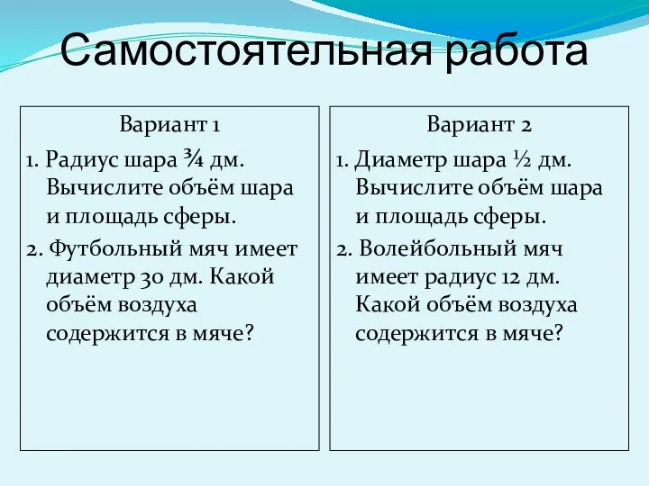 Самостоятельная работа Вариант 1 1. Радиус шара ¾ дм. Вычислите объём